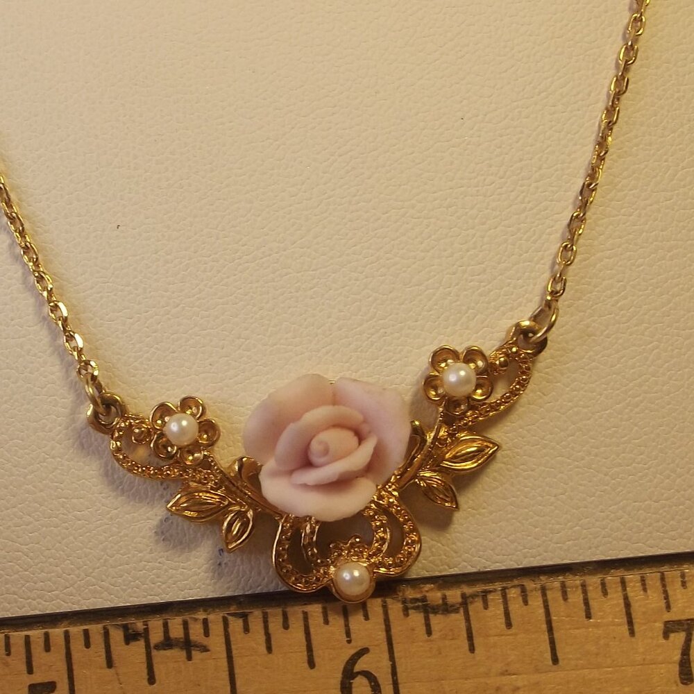Vintage Gold Plated Necklace with Ceramic Pink Rose & Pearl Pendant